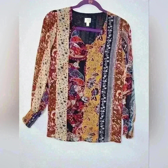 Dressbarn multi colored long blouse gathered sleeve, sheer and lined size S - Picture 1 of 14